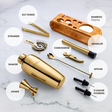 Набір для коктейлів та міксології Edles (10 предметів) - Шейкер з нержавіючої сталі, дерев'яний підставка з махагоні, золотий колір