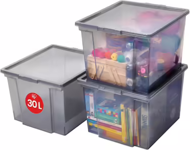 Iris Ohyama Versatile Storage Boxes, 30L, 6-Piece Set, Easy-Close Lid, Stackable, Plastic, For Closet, Shelves, Organization, Clothing, Bedding, Garage, USB-M (Gray, 30L / 3-Piece Set)