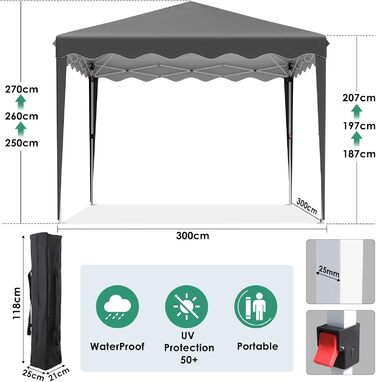 3x3 Gazebo, Waterproof Folding Gazebo Stable and Winter-Resistant, UV Protection 50+, 3x3 Folding Gazebo with 4 Side Walls, Height-Adjustable Garden Gazebo, Foldable Gazebo Tent for Camping, Parties (Gray)