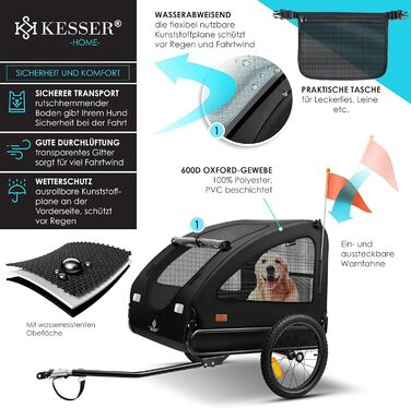 KESSER® Будь-куди з собакою: переносний візок для собак Боксер 2-в-1, великий (250л), чорний - з прапорцем та сумкою, 600D Oxford Canvas, складаний, SmartSpace