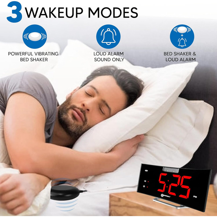 Alarm clock with a powerful 95dB alarm, vibrating pad, large display, and strobe light - The Geemarc Wake 'N' Shake Curve will wake you from deep sleep - USB charging port - Version DE