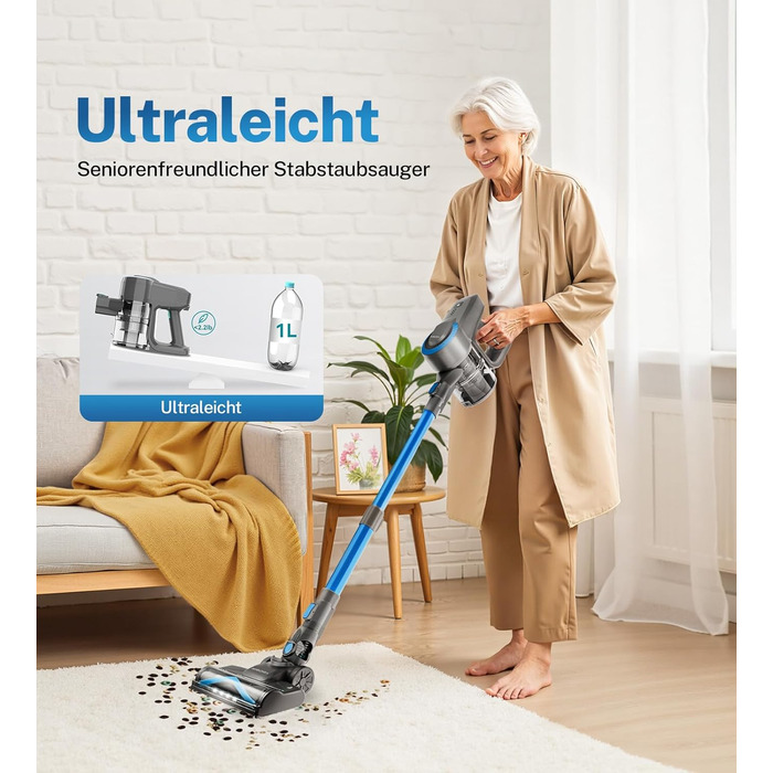 Бездротовий акумуляторний пилосос 25000Pa, 175W, 50хв, з антизаплутувальною насадкою та самостійним паркуванням, легкий ручний пилосос для прибирання килимів, твердих підлог та шерсті тварин, блакитний