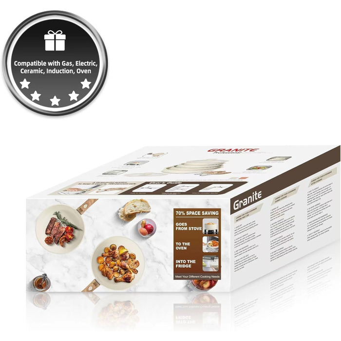 Набір посуду RIOVARM з індукційним дном: каструлі та сковороди з антипригарним гранітним покриттям та знімними ручками, кришки з силікону, бежевий колір