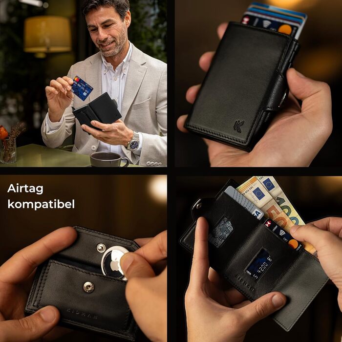 KIDMAN Icarus I Genuine Leather Slim Wallet with Alucase and Coin Pocket I Large Bill Compartment I Small Wallet for Men with RFID I Mini Wallet for Men I Card Holder for up to 8 Cards I Black