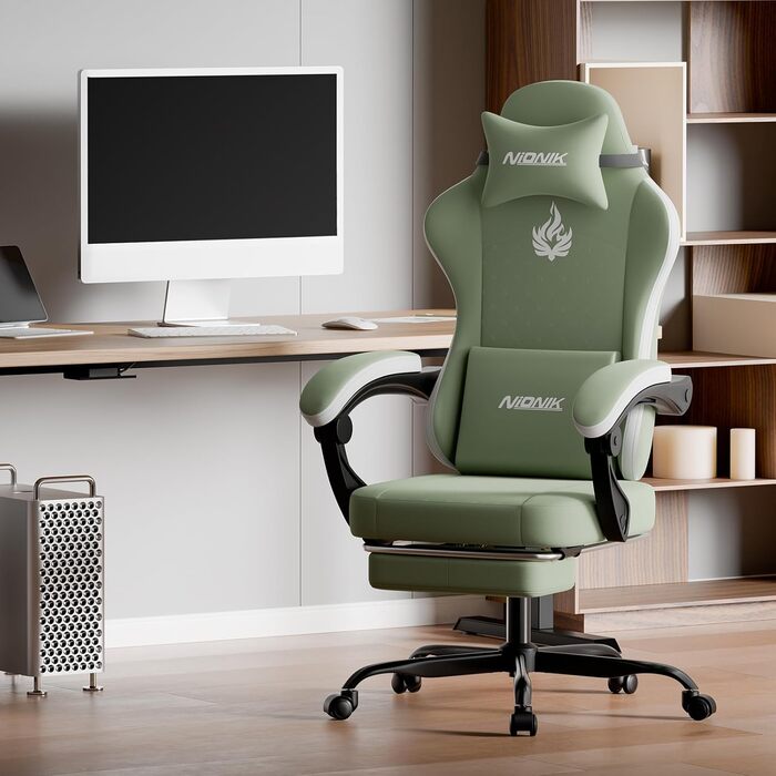 Геймерське крісло Ergonomischer Bürostuhl з підставкою для ніг та підтримкою попереку, регульоване по висоті для дому, офісу, кіберспорту та стрімінгу (Зелено-біле)