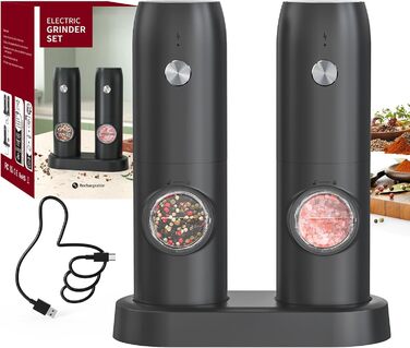Електричні соляні та перечні млини CIRCLE JOY 2 шт. з зарядною станцією, світлодіодне підсвічування, регулювання помелу, чорний (70мл)