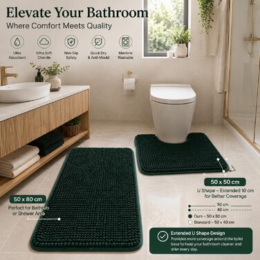 Набір килимків для ванної кімнати Chenille (зелений), 50x120 см (50x80 + 50x50), вологопоглинаючий та протиковзкий килимок з високим ворсом 1.5 см