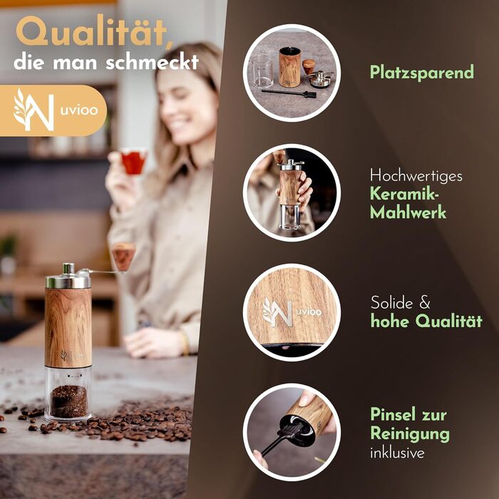 Ручна кавомолка Nuvioo з керамічним жорном, 8 ступенів помолу - для еспресо, кави, кемпінгу та відпочинку на природі