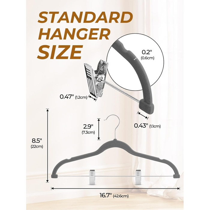 Вешалки для одягу з велюру HOUSE DAY, 24 шт. з кліпсами, ультратонкі, неслизькі, економія місця (сірі)