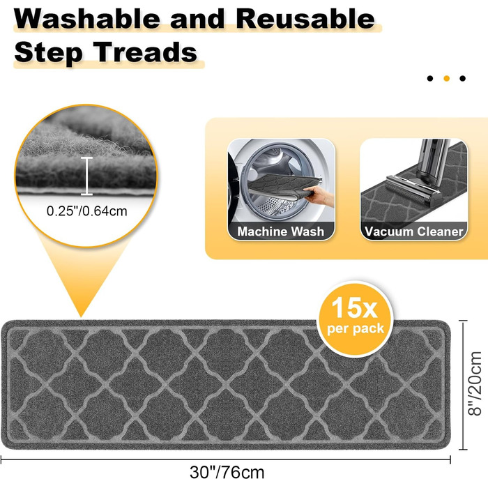 15 килимків на сходи 76x20 см, антиковзаючі, самоклеючі, для дітей, літніх людей та собак, сірий колір