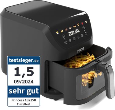 Princess SlimFry Hot Air Fryer 8 L, space-saving, fat-free cooking technology, 8 programs, viewing window, powerful (2000 W) and quiet operation (55 db), Black, Airfryer 01.182258.01.001 COMPACT, SLIM DESIGN 8L