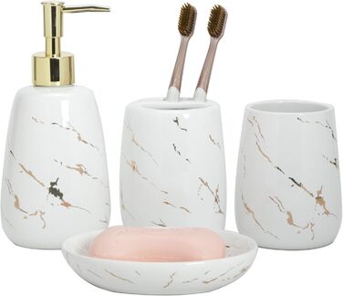 Bathroom Accessory Set, 4-Piece, complete with toothbrush holder, toothbrush cup, soap dispenser, soap dish, classic with gold-veined marble design, (White)