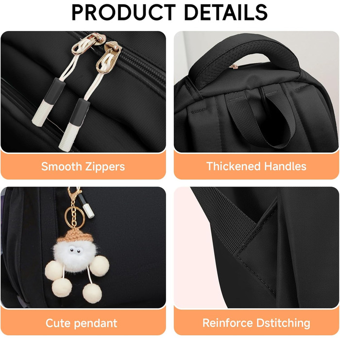 Шкільний рюкзак для дівчинки-підлітка 2025, рюкзак для школи/гімназії, рюкзак Kawaii для старшої школи з відділенням для 15.6' ноутбука, повсякденна шкільна сумка для подорожей, 22L, чорний