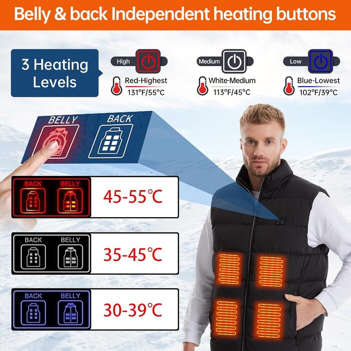 Електрична гріюча жилетка Avarmora для чоловіків та жінок, 13 зон нагріву, 3 температурні режими, флісова жилетка для активного відпочинку, катання на лижах, мотоциклі, риболовлі, чорний колір