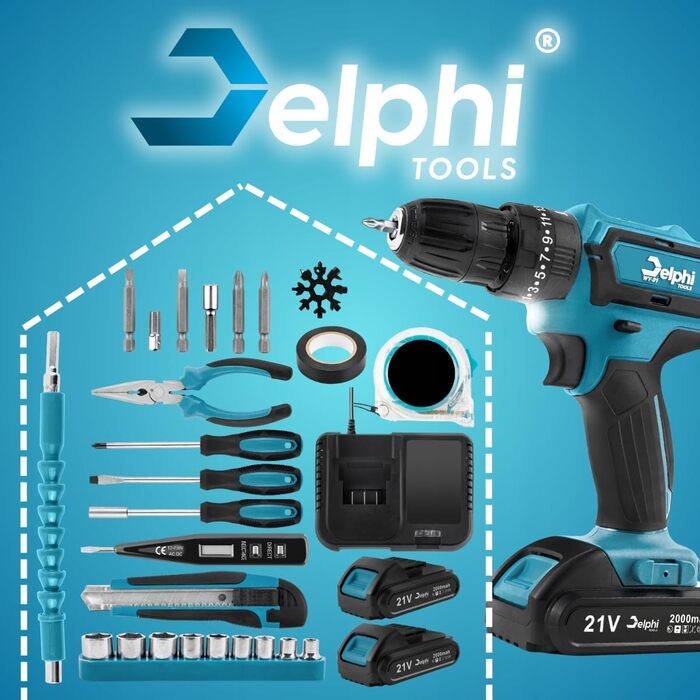DELPHI 21V акумуляторний шуруповерт Set з 2 акумуляторами, 2 швидкості, 24 ступені крутного моменту, LED-підсвічування, для DIY-проєктів, 41-елементний набір з кейсом