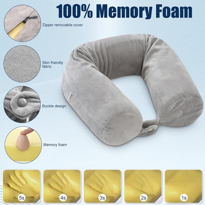 Подушка для шиї у вигляді U, Memory Foam, з чохлом, навушниками, маскою для сну, сіра. Для подорожей, авто, офісу