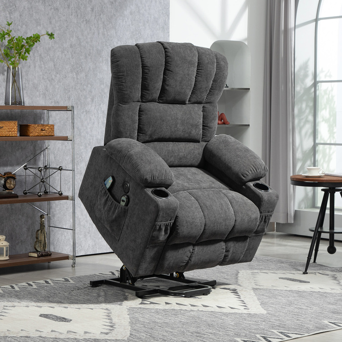 HOMCOM Electric Recliner with Rise Function, TV Chair with Lie-flat, Heating, and Massage Functions, TV Chair with Type-C and USB Ports, Cup Holders, Dark Grey | Aosom