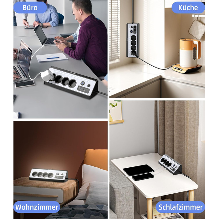 Мережевий адаптер з USB та 2 Type-C, 4 розетки, 16A, 3680W, з вимикачами, захист від перенапруги, LED, для кухні/офісу, білий/чорний