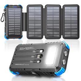 Powerbank Solar 26800mAh з USB-C, 5 виходів, водонепроникний, з карабіном та ліхтариком, для кемпінгу, телефонів та планшетів (блакитний)