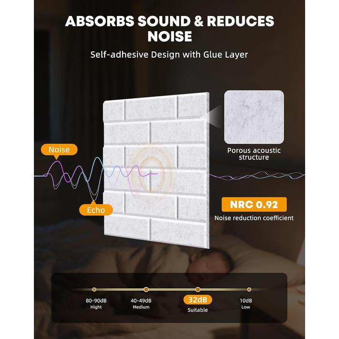 Акустичні панелі Jamelo 3D цегла самоклейні, 30x30x0,9 см, 12 шт. — звукоізоляція та декорування стін для студії, спальні та офісу (світло-сірий)