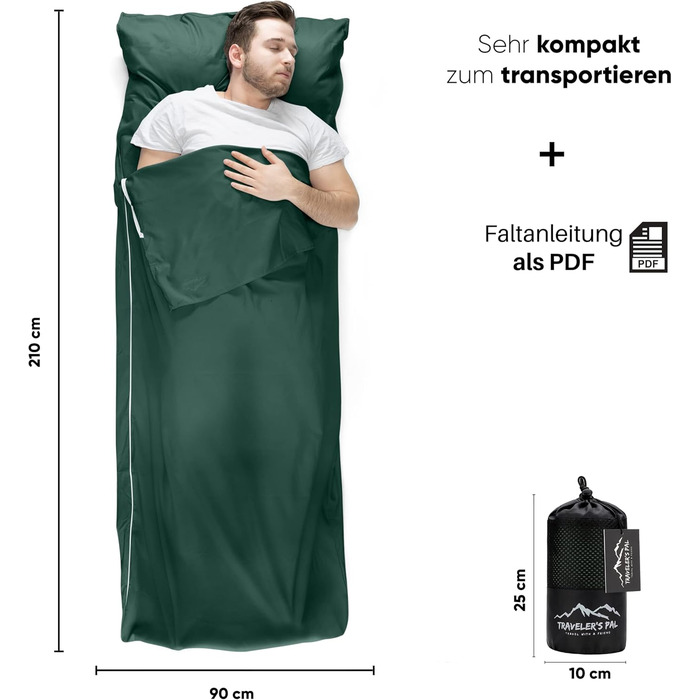 Traveler's Pal Hüttenschlafsack (Hutten Sleeping Bag) made of 100% Duraweave - Sleeping bag with side and foot zipper - Lightweight and thin Inlett summer sleeping bag, breathable and skin-friendly