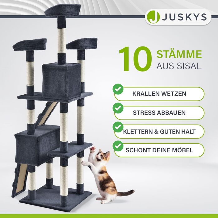 Дерево для котів Juskys Amy XXL з печерами, лежанками, сходами та сизалевими стовпчиками - стабільний котячий комплекс 170 см, сірий/темно-сірий