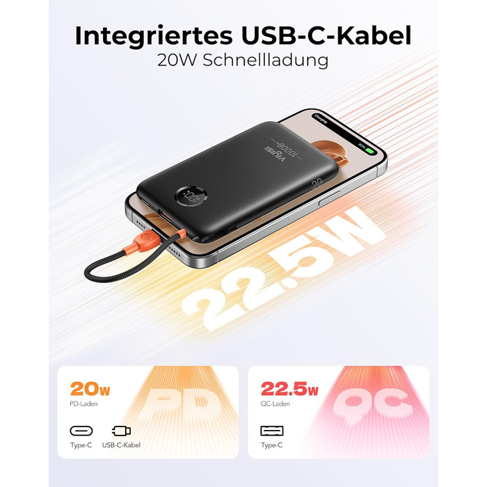 Повербанк VIYISI 10000mAh ультратонкий із вбудованим кабелем USB-C, чорний