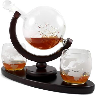 Globus Decanter Gift Set. Includes a wooden base, 2 glasses, 2 coasters, a shot glass, and a funnel. This whiskey decanter and glasses set is the perfect gift.