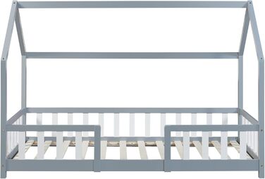 en.casa Kinderbett Sisimiut House Bed 90 x 200 cm with Fall Protection Wooden Bed for Children Floor Bed Slatted Frame Pine Wood Light Grey/White Light Grey / White 90x200 cm