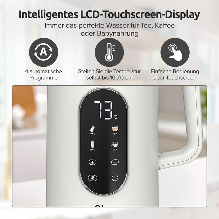 Електричний чайник Olvy 1.7L з регулюванням температури – Швидкий, з нержавіючої сталі, 2200W, з функцією підтримання тепла, подвійні стінки (Білий)