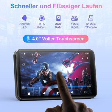 MP3 плеєр MECHEN на Android 9.0 з Wi-Fi та Bluetooth, 4-дюймовий сенсорний екран, підтримка Spotify, Amazon Music, Audible, Радіо, сірий
