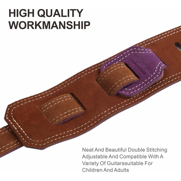 Гітарний ремінь Nefelibata з повного нубуку, 76 см, з підкладкою з піни та петлею для зберігання кабелю, для акустичної, бас та електрогітари (Лавандовий фіолетовий)