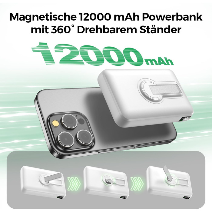 Пауербанк MagSafe, 12000mAh, 22.5W PD, USB-A, бездротова зарядка, Type-C, LED, для iPhone 17/16/15/14/13/12/Pro/Pro Max, білий