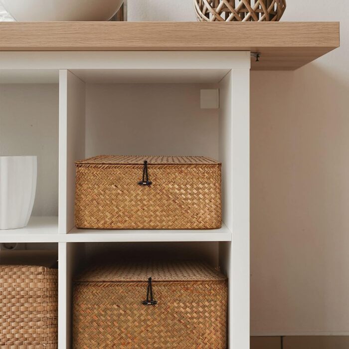 Woven Rattan Storage Basket, Storage Box with Lid, Seagrass, Laundry Baskets, Makeup Organizer for Bathroom, Living Room, Kitchen