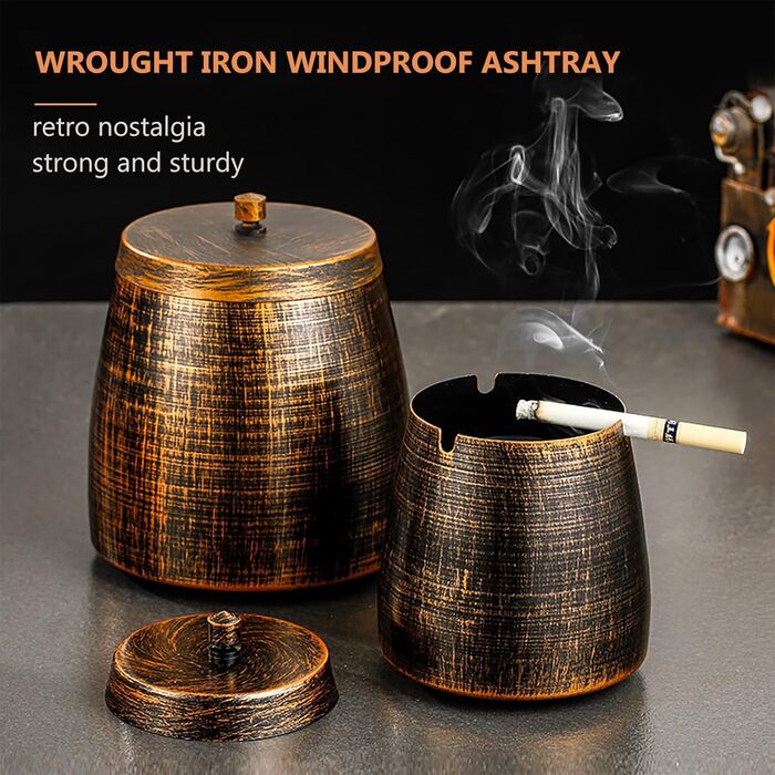 Стакан для сигарет з кришкою, для дому та вулиці, нержавіюча сталь, вітрозахисний, для садового, барного, офісного використання (компактний)