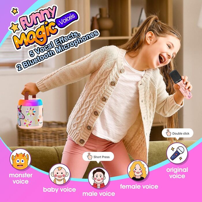 Караоке машина для дітей з 2 мікрофонами, рожева, єдиноріг, 3-12 років