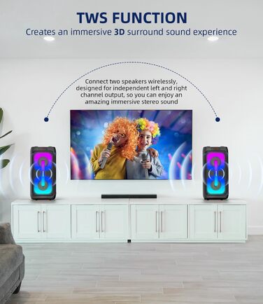 Портативна караоке-машина з 2 мікрофонами та LED-підсвіткою, Bluetooth, PA-система, для дому та вечірок, чорна