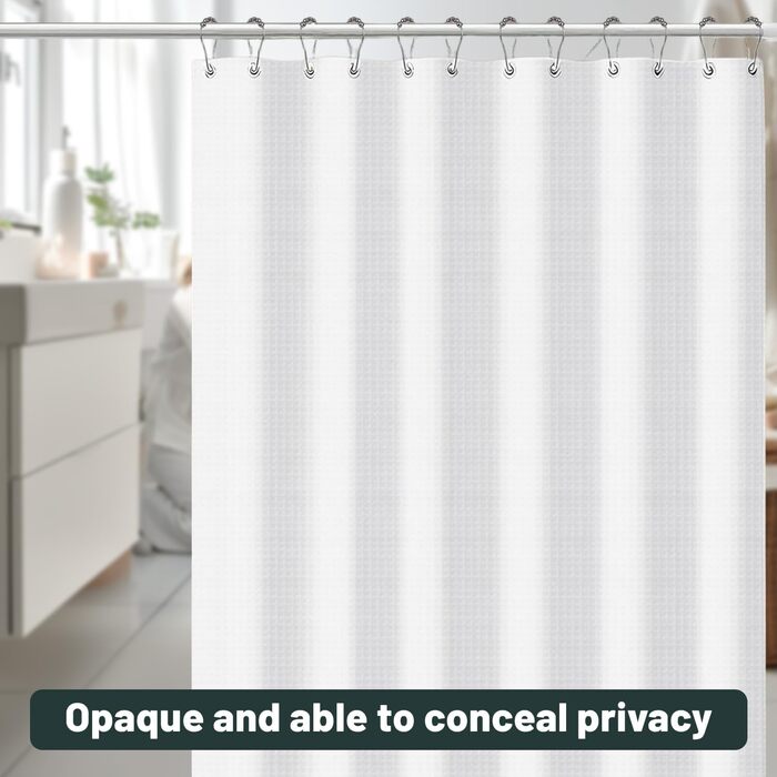 Штора для душу біла 180x180 см, вафельна, з металевими кільцями та гачками, водонепроникна, з утяжеленим краєм