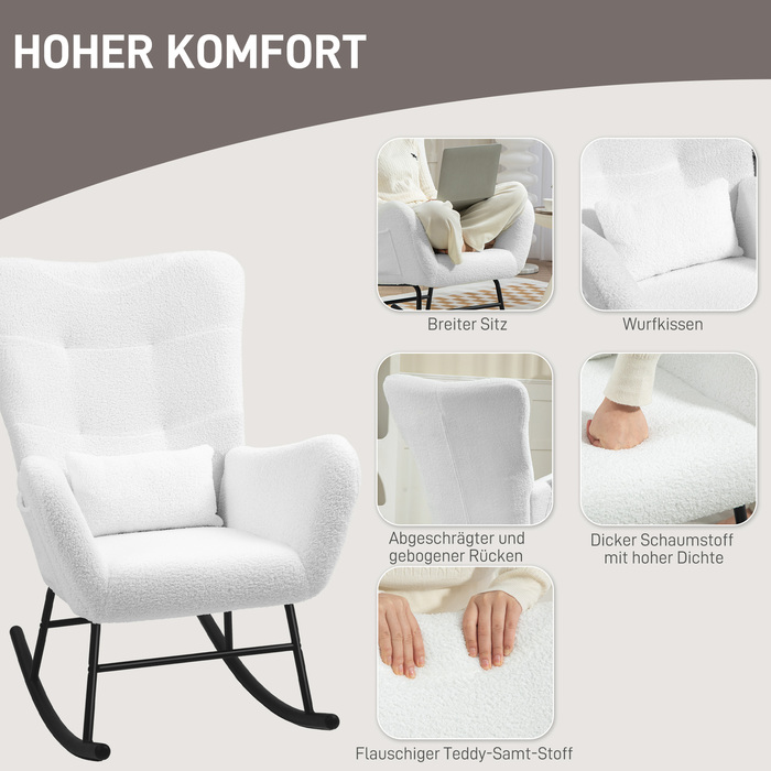 HOMCOM Rocking Chair, Rocking Armchair with Teddy Fabric Look, Armrests, Still Chair with Wooden Runners, Lumbar Pillow, Recliner with Side Pocket for Living Room, Bedroom, White | Aosom