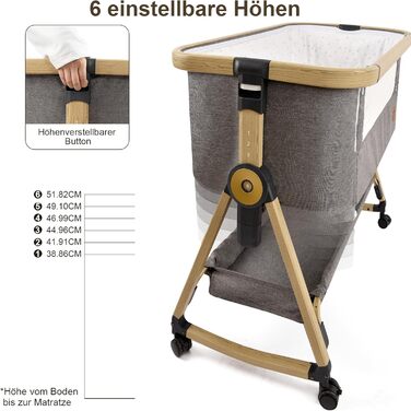 Maydolly 3-in-1 Bedside Crib - Portable Baby Cot with Breathable Net and Sheets, Adjustable Bassinet Bedside Crib Grey