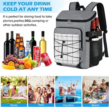 NUBILY 30L Insulated Cooler Backpack - Waterproof Cooler Bag Backpack, Large Insulated Cooler Bag, Thermo Lunch Bag for Camping, Outdoor Activities, Travel, BBQ, Hiking (Gray)
