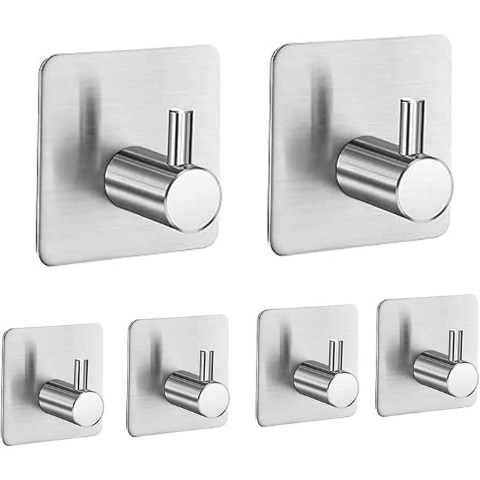 Набір гачків для рушників 6 шт. самоклеючі, з нержавіючої сталі, без свердління, для ванної, туалету, кухні, офісу (сріблясті)