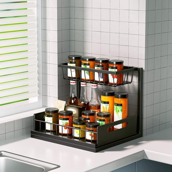 Cocolemon Metal Under Sink Shelf, 2-Tier Kitchen Cabinet Organizer with Drawer, Large Capacity Under Sink Shelf, Spice Rack and Kitchen Helper for Kitchen, Bathroom, Under Cabinet, Black