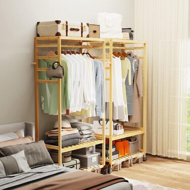 Bamboo Coat Rack, Clothes Rack with 3 Shelves and 10 Hooks, Laundry Rack with Clothes Rod, for Entryway, Living Room and Office, 80x43.5x165cm (Natural3)