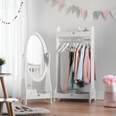 Standing Mirror for Children, Ages 3-7, Wood Kids' Mirror, Nursery, Mirror for Kids' Room, Kids' Mirror with Storage, Girl's Freestanding Standing Mirror White, Christmas Gifts (Clothes Rack)