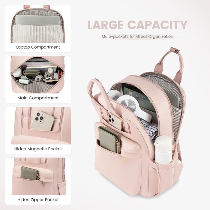 Стильний рюкзак LOVEVOOK для жінок: великий, з відділенням для ноутбука 15.6', ідеальний для навчання, роботи, подорожей (університет, офіс, робота, подорожі), чорний (рожевий)