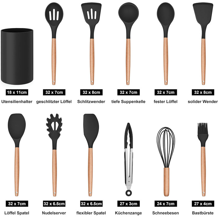 Набір кухонних аксесуарів Herogo: 12 шт. силіконове кухонне приладдя з тримачем, стійке до високих температур, з дерев'яними ручками, антипригарний лопатка (чорний)