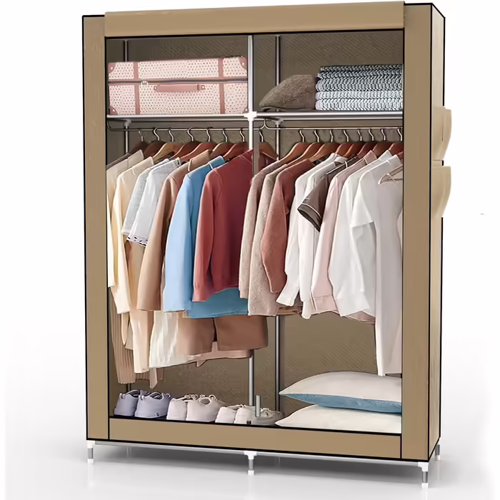 INTIRILIFE Folding Wardrobe 108x170x45 cm in - Fabric wardrobe with zipper and clothes rail, side pocket and compartments - Shelf unit, metal frame, storage (Crème Beige)