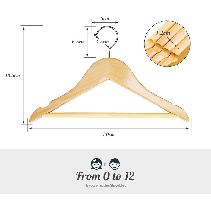 Дерев'яні вішалки для дитячого одягу Homewit - 24 шт. з перекладиною, з заглибленнями, 360° обертання, для малюків та дітей - 30 см