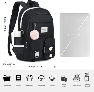 Шкільний рюкзак YAMTION для підлітків, 15.6 дюймів, чорний. Підходить для школярів, студентів середньої та вищої школи.